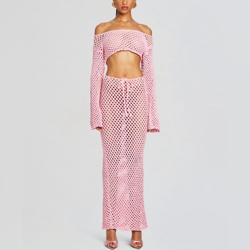 Bananhot Retrofete Magen Crochet Shirt Top and maxi skirt coverup set XS/S Pink.